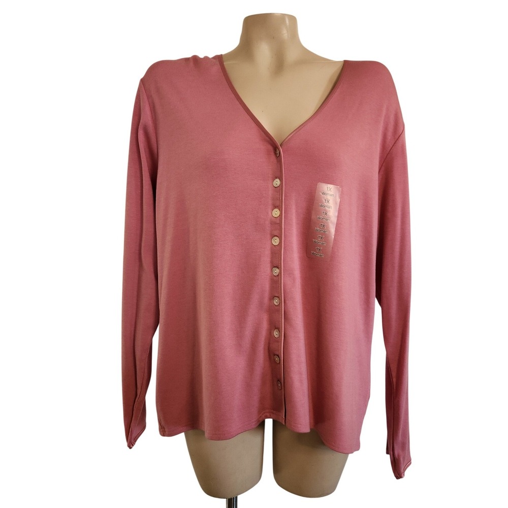 WORTHINGTON NEW Stretch 1X Rose Pink V-Neck Button Front Cardigan Satin Trim Mom